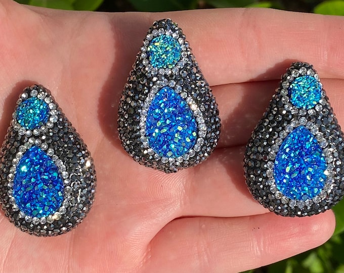 Rhinestone Clay Pave Bead | Druzy Agate Bead | Teardrop Gemstone Loose Bead | Sold Individually | Size 27x39x17mm | Hole 2mm