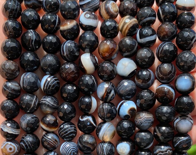 Black Striped Agate Beads | Faceted Round Natural Gemstone Loose Beads | Sold by 15 Inch Strand | Size 8mm