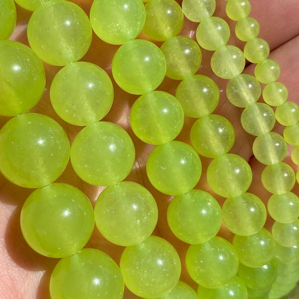 Neon Green Jade Beads | Round Natural Gemstone Beads | Sold by 15 Inch Strand | Size 4mm 6mm 8mm 10mm 12mm 14mm