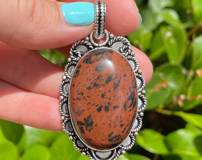 Natural Mahogany Obsidian Gemstone 925 Sterling Silver Pendant Focal BeadSize 2.25 Inch