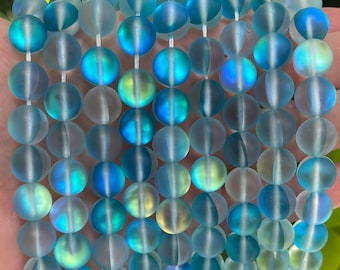 Mystic Aura Quartz Beads: Matte Sky Blue Round Gemstone, 15 Inch Strand