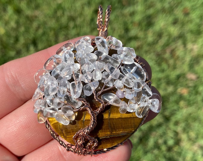 Tree of Life Gemstone Pendant | Tiger Eye and Clear Quartz | Chakra Healing Pendant | Sold by Piece | Size 58~61.5x44~48x14~16.5mm