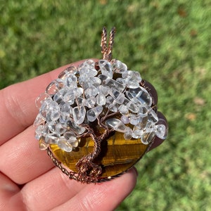 Tree of Life Gemstone Pendant | Tiger Eye and Clear Quartz | Chakra Healing Pendant | Sold by Piece | Size 58~61.5x44~48x14~16.5mm