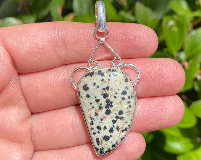 Natural Dalmatian Jasper 925 Solid Sterling Silver Pendant Focal Bead Size 2 1/4 Inch