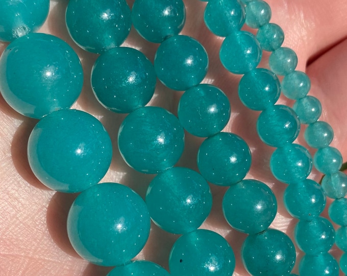Blue Green Jade Beads | Round Natural Gemstone Beads | Sold by 15 Inch Strand | Size 4mm 6mm 8mm 10mm 12mm