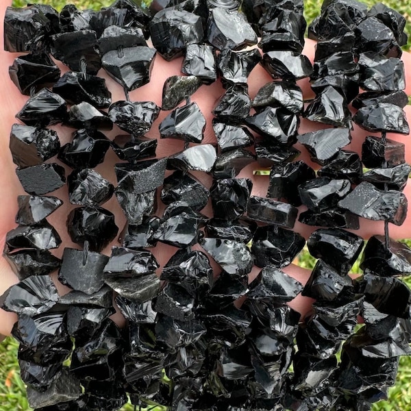 Raw Natural Black Obsidian Gemstone Drilled Nuggets Beads | Sold by 7 Inch Strand | Size 6-15mm