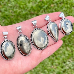Natural Pyrite Gemstone Pendants | 925 Sterling Silver Plated | Size 1-1.5 Inch