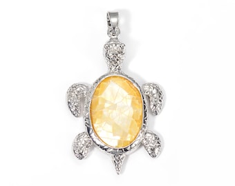 Sea Shell Tortoise Pendant: Light Yellow Gemstone, Silver Brass (31x49mm)