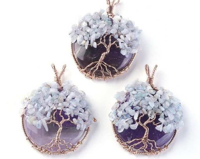 Tree of Life Gemstone Pendant | Purple Amethyst and blue Aquamarine | Chakra Healing Pendant | Sold by Piece | Size 58~61.5x44~48x14~16.5mm