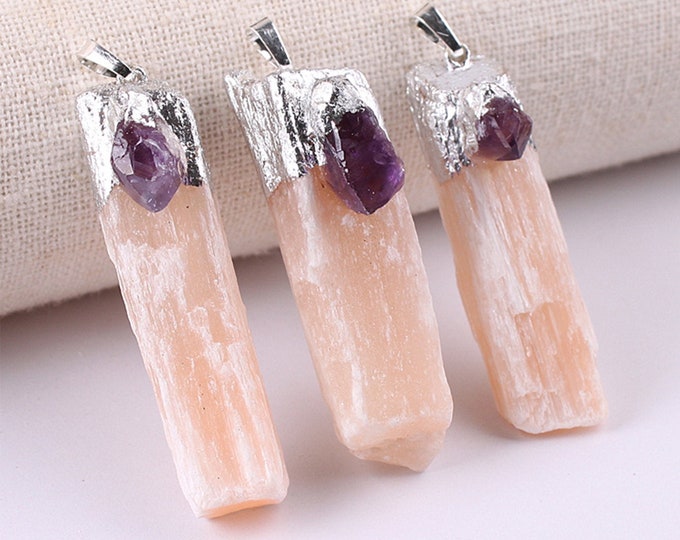 Pink Gypsum Pendant with Raw Amethyst | Silver Edged | Natural Gemstone Loose Pendant Bead | Sold by Piece | Size 45-60mm