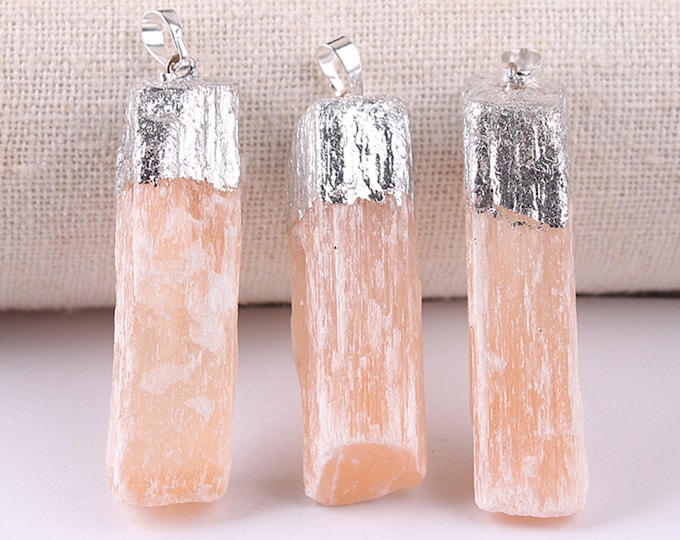 Pink Gypsum Pendant | Silver Edged | Natural Gemstone Loose Pendant Bead | Sold by Piece | Size 45-60mm