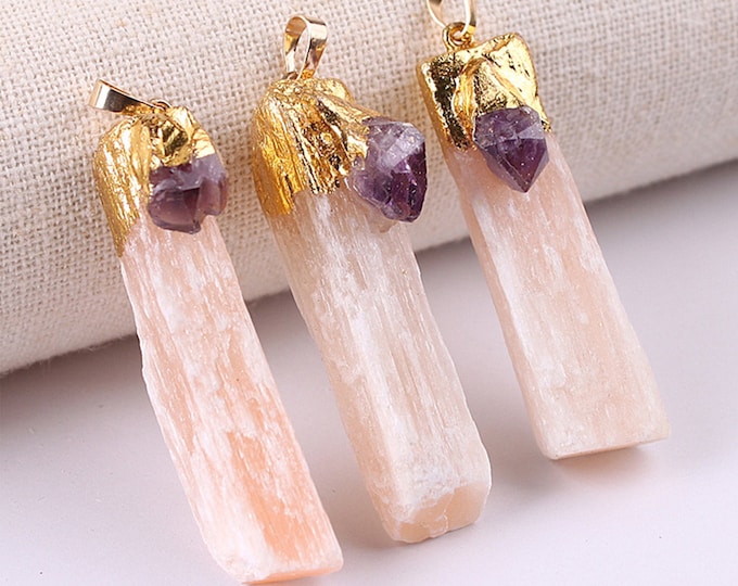 ONE Gold Edged Natural Pink Gypsum Gemstone Pendant with Raw Amethyst | Size 45-60mm