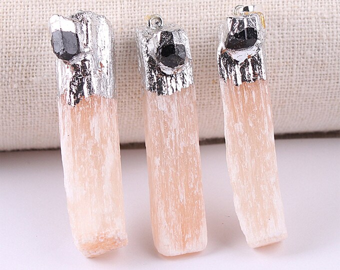 Pink Gypsum Pendant with Raw Black Tourmaline | Silver Edged | Natural Gemstone Loose Pendant Bead | Sold by Piece | Size 45-60mm