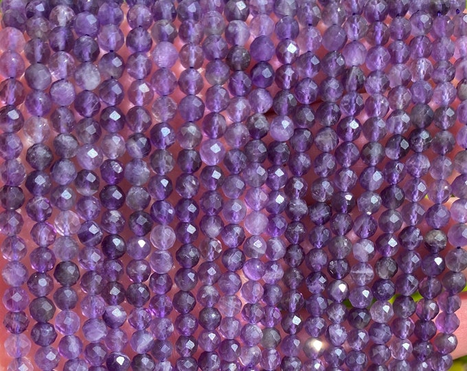 Natural Amethyst Gemstone Micro Faceted Round Beads | Grade AAA | Sold by 15 Inch Strand | Size 4mm | Hole 0.8mm