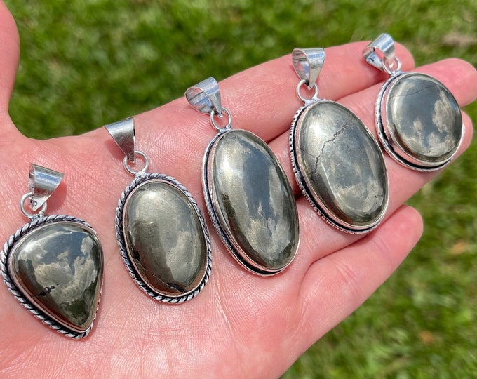 Natural Pyrite Gemstone Pendants | 925 Sterling Silver Plated | Size 1-1.5 Inch