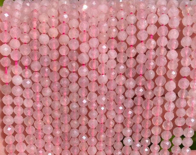 Natural Rose Quartz Gemstone Micro Faceted Round Beads | Grade AAA | Sold by 15 Inch Strand | Size 4mm | Hole 0.8mm
