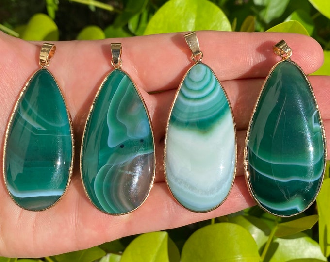 ONE Natural Green Striped Agate Gemstone Teardrop Pendant | Hammered Copper Brass | Size 25x50mm