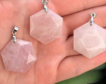 Rose Quartz Beads | Merkaba Pendant | Faceted Hexagon | Silver Brass Bail | Natural Gemstone Pendant | Sold by Piece | Size 25mm | Hole 2mm