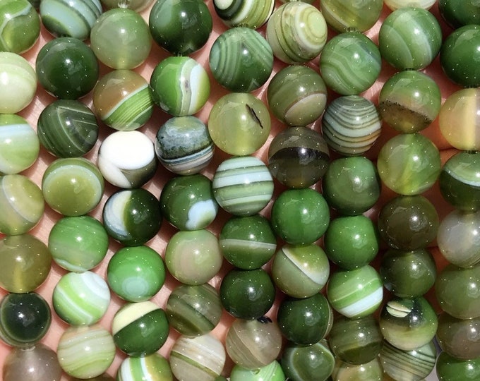 Stripe Agate Beads | Green White | Grade A | Natural Gemstone Loose Beads | Sold by Strand | Size 10mm