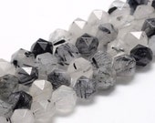 Natural Black Rutilated Quartz Beads Grade AAA Star Cut Round Gemstone Loose Beads Sold by 7 Inch Strand Size 10x9 10mm Hole 1mm