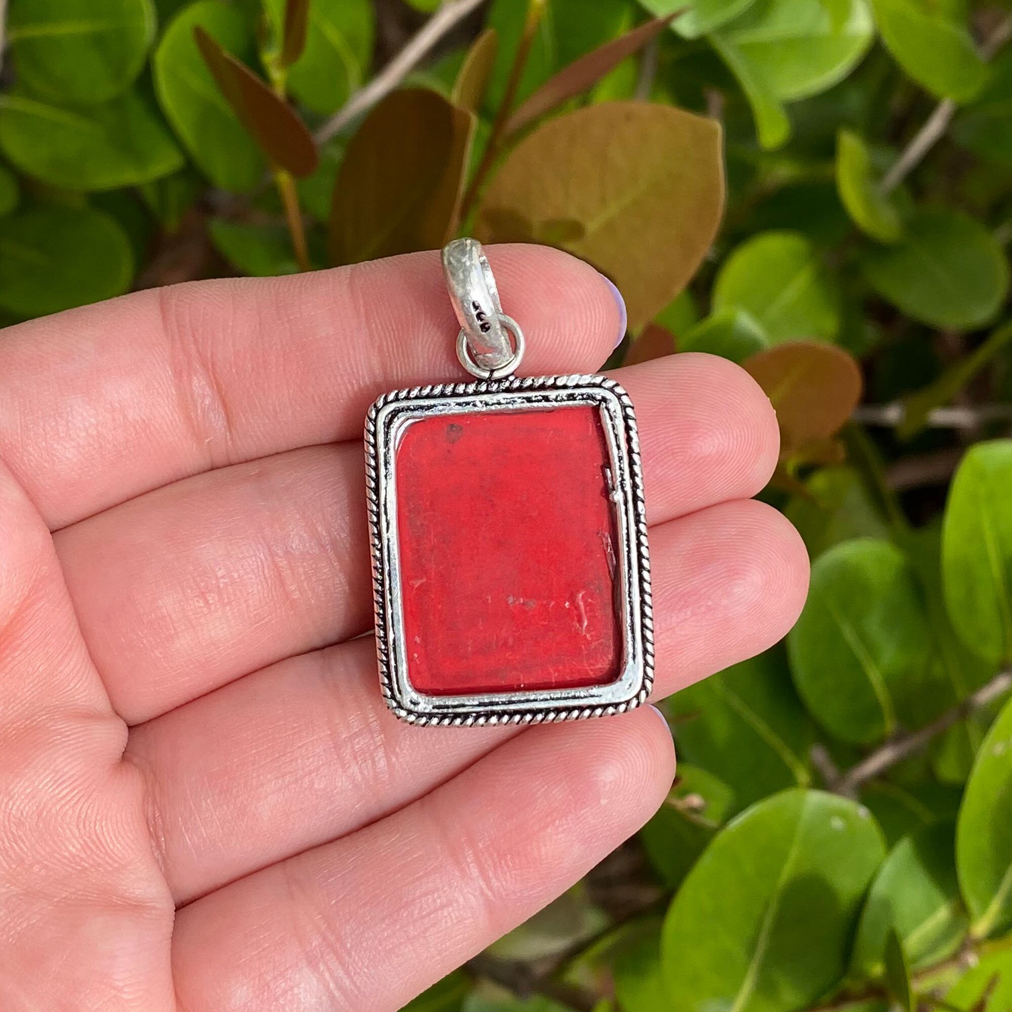 Natural Red Coral Pendant .925 Sterling Silver Gemstone Pendant Focal