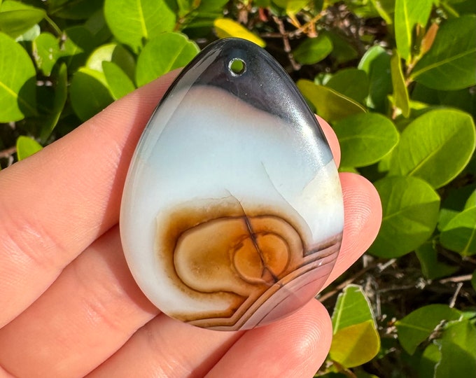 Natural Brown White Stripes Agate Teardrop Gemstone Pendant Focal Bead 45x35x6mm