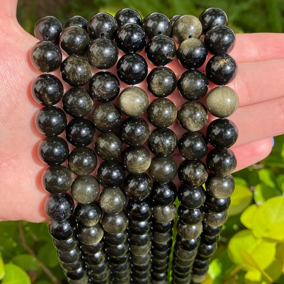 Obsidian Beads Gold Black Round Polished Natural Gemstone Loose Beads