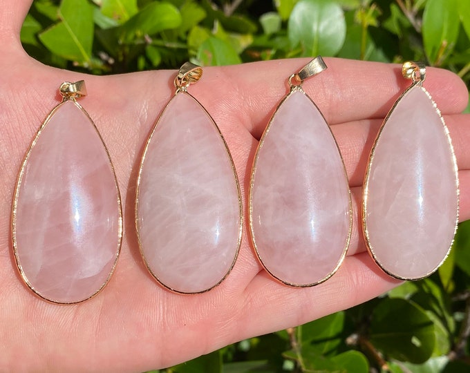 ONE Natural Rose Quartz Gemstone Teardrop Pendant | Hammered Brass | Size 25x50mm