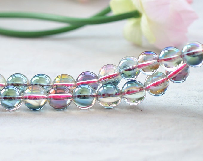 Natural Glossy Iridescent Angel Aura Quartz Gemstone Round Beads | Grade A | Sold by 15 Inch Strand | Size 6mm 8mm 10mm