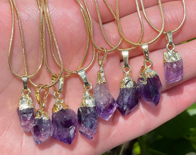 Natural Amethyst Rough Nugget Pendant 18K Gold Plated Chain Necklace Length 17.7 inch (45cm)