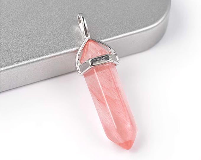 ONE Natural Cherry Quartz Gemstone Faceted Bullet Pendant | Silver Color Zinc Alloy Bail | Size 36-40x12mm