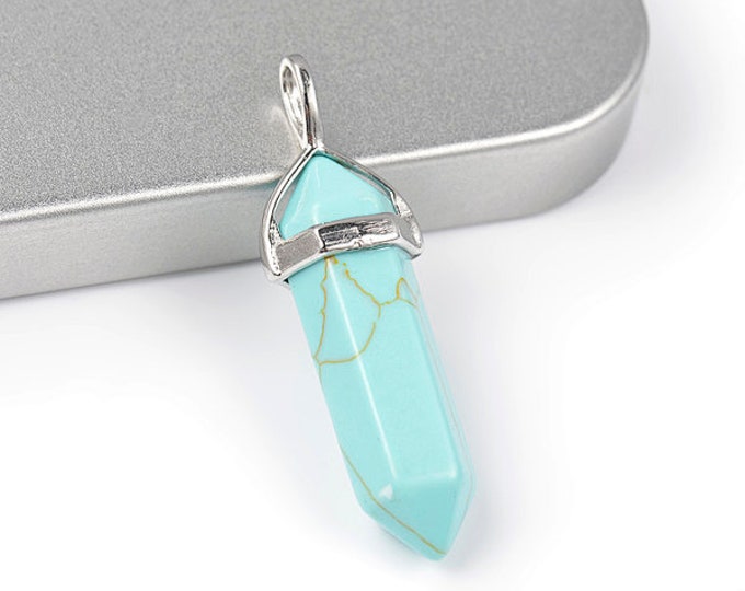 ONE Synthetic Blue Turquoise Gemstone Faceted Bullet Pendant | Silver Color Zinc Alloy Bail | Size 36-40x12mm