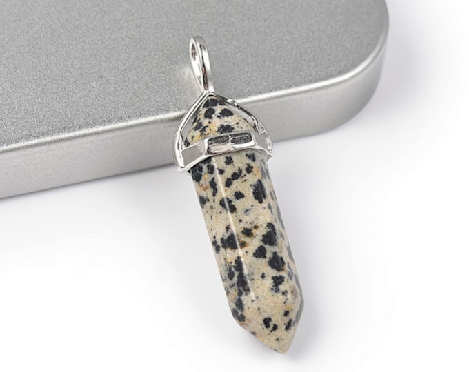 ONE Natural Dalmatian Jasper Gemstone Faceted Bullet Pendant | Silver Color Zinc Alloy Bail | Size 36-40x12mm