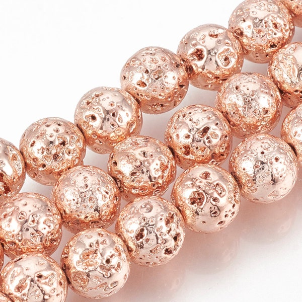 Lava Beads | Rose Gold Color Plated Beads | Round Natural Gemstone Beads | Sold by 15 Inch Strand | Size 4-5mm 6mm 8-9mm