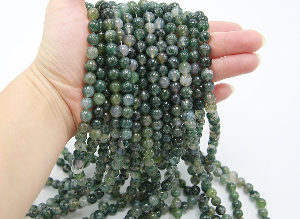 Green Moss Agate Beads | Grade A | Round Natural Gemstone Beads | Sold