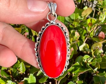Natural Red Coral Pendant 925 Sterling Silver Gemstone Pendant Focal Bead Size 2 Inch