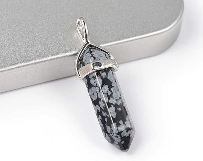 ONE Natural Snowflake Obsidian Gemstone Faceted Bullet Pendant | Silver Color Zinc Alloy Bail | Size 36-40x12mm