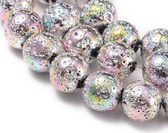 Rainbow Plated Lava Beads: Round Gemstone Strand (6.5-7mm 8-8.5mm 10-10.5mm)