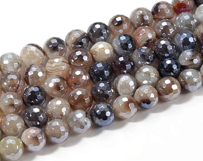 AA Grade Natural Brown Beige Plated Striped Agate Gemstone Faceted Round Beads | Sold by 15 Inch Strand | Size 10-10.5mm