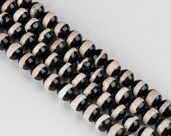 Black White Tibetan Dzi Agate Beads: Faceted Round Gemstone Strand