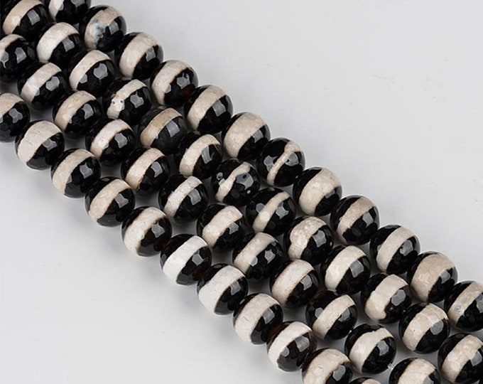 Black White Natural Tibetan Dzi Agate Gemstone Faceted Round Beads | Sold by 15 inch Strand | Size 8mm 10mm