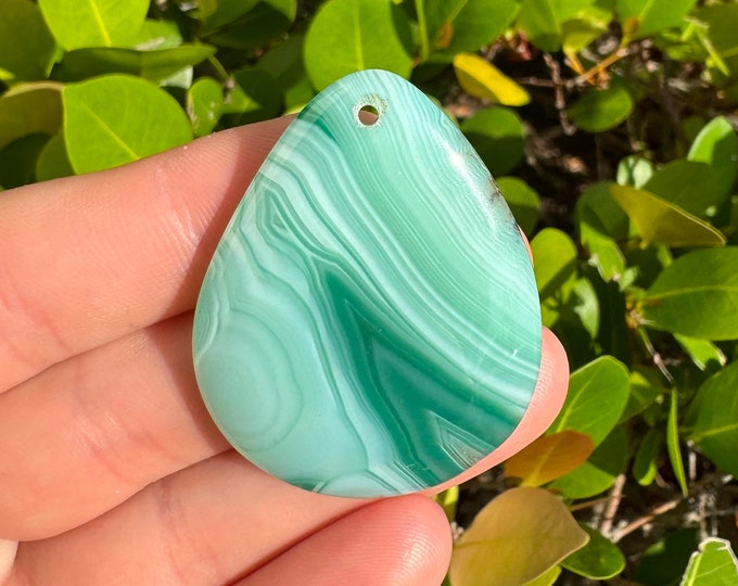 Natural Green White Stripes Agate Teardrop Gemstone Pendant Focal Bead 45x35x6mm