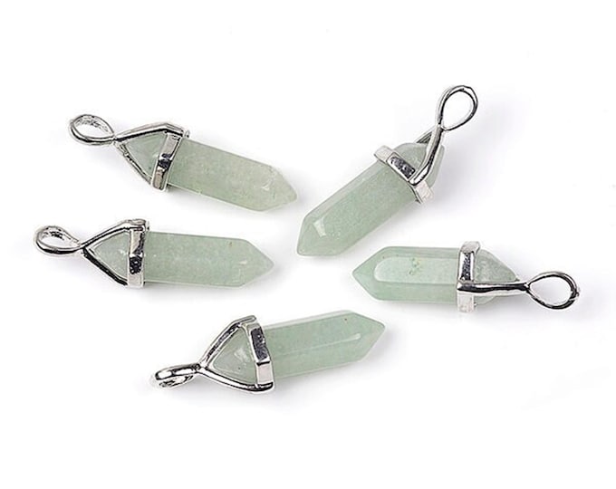 ONE Natural Green Aventurine Gemstone Faceted Bullet Pendant | Silver Color Zinc Alloy Bail | Size 36-40x12mm