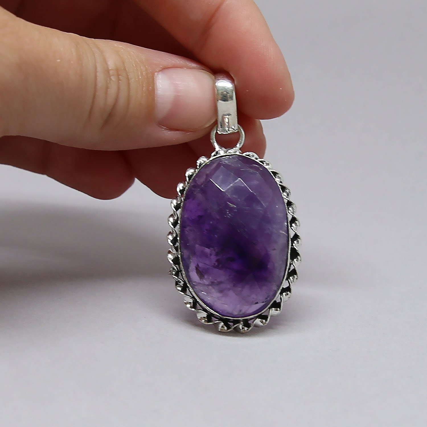Faceted Amethyst Vintage Style .925 Solid Sterling Silver Pendant