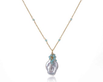 18K Gold Plated Baroque Pearl Chain Necklace with Blue Amazonite Gemstone