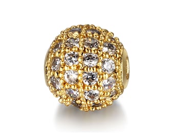 Micro Pavé CZ Round Spacer Bead – Clear Crystal, 18K Gold-Plated (8–10 mm)