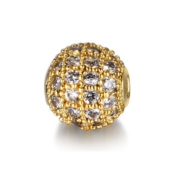 Cubic Zirconia Micro Pave Brass Round Bead | Clear Crystal | 18K Gold Plated | Sold Individually | Size 8mm 10mm