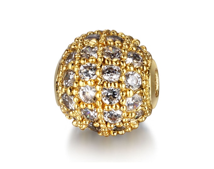 Cubic Zirconia Micro Pave Brass Round Bead | Clear Crystal | 18K Gold Plated | Sold Individually | Size 8mm 10mm