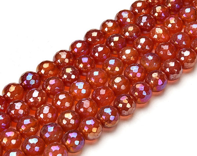 A Grade Natural Carnelian Red Agate Gemstone Plated Faceted Beads | Sold by 15 Inch Strand | Size 8mm