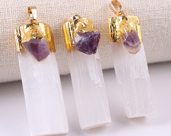 White Gypsum Pendant with Raw Amethyst | Gold Edged | Natural Gemstone Loose Pendant Bead | Sold by Piece | Size 45-60mm